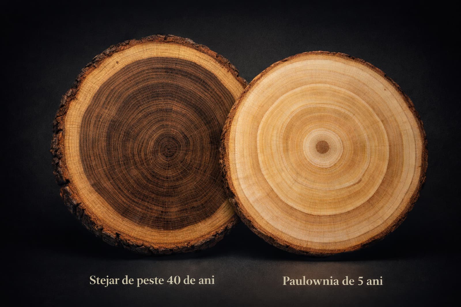 Visual section comparison: mature oak vs young Paulownia